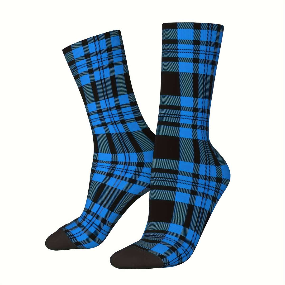 1 Pair One Size Blue Plaid Black Tartan Patter Socks