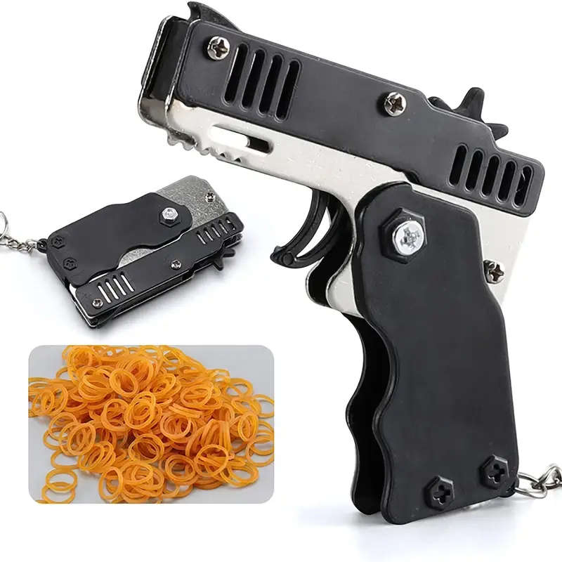 Rubber Band Gun Toy Mini Metal Folding Rubber Gun Rubber Launcher Toy With Keychain And Rubber Bands
