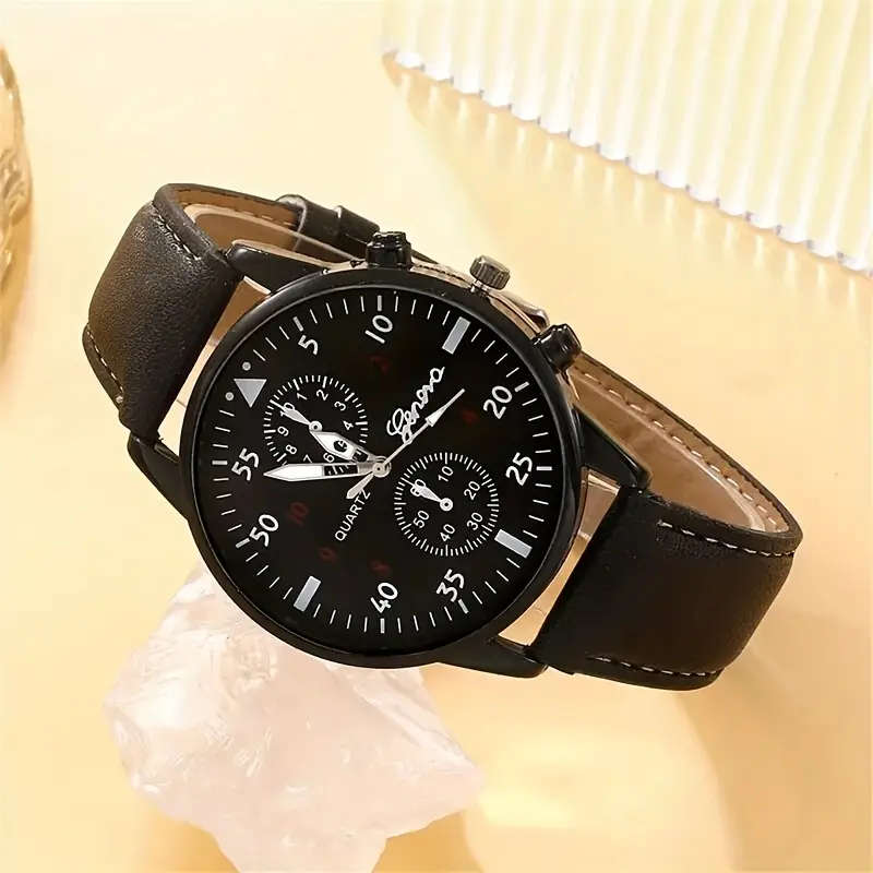 5PCS Set Fashion Men's Casual Black Leather Life Tree Hand Rope Quartz Watch Color sent randomly