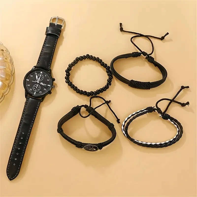 5PCS Set Fashion Men's Casual Black Leather Life Tree Hand Rope Quartz Watch Color sent randomly