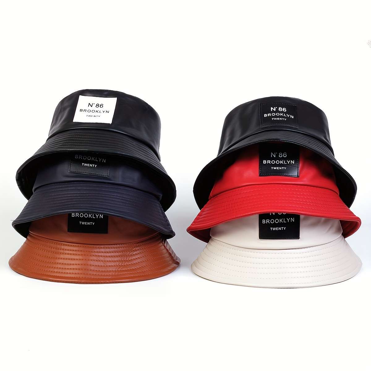 1pc Solid Color Basin PU Leather Hat PU Leather Trendy Bucket Hat Classic Label Patch Solid Color