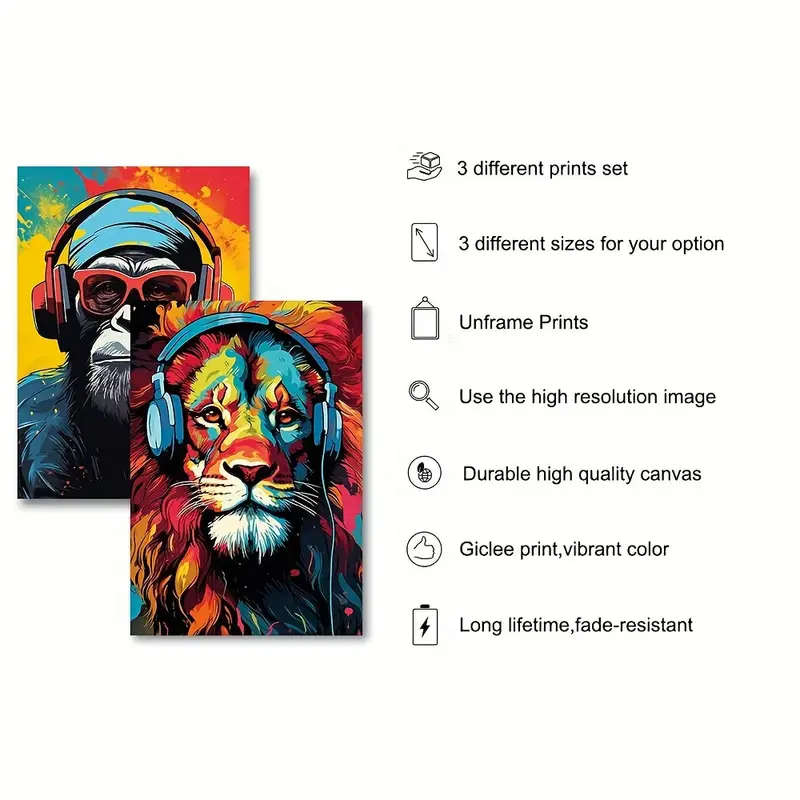 3 Piece Canvas Poster, Modern Art, Earphone Animal Tiger Wolf Chimpanzees Gaming Funky Painting