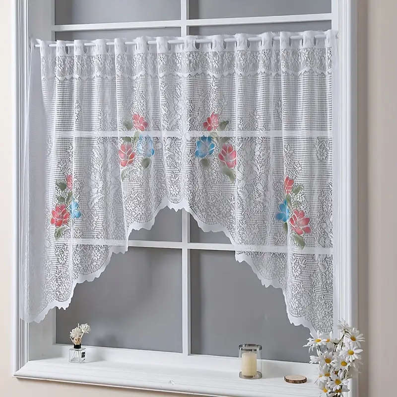1pc Elegant White Lace Kitchen Curtain with Vibrant Red Floral Embroidery Semi-Transparent Rod Pocke