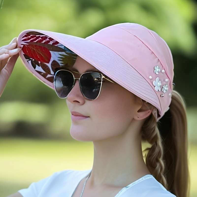 Trendy Beaded Flower Visor Hats Solid Color Foldable Uv Protection For Women Outdoor Summe