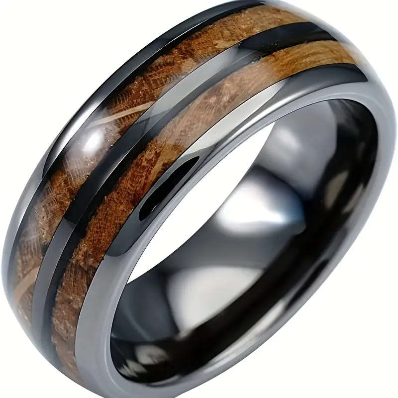 Barrel Inspired Gunmetal Stainless Steel Ring with Wood Grain Inlay