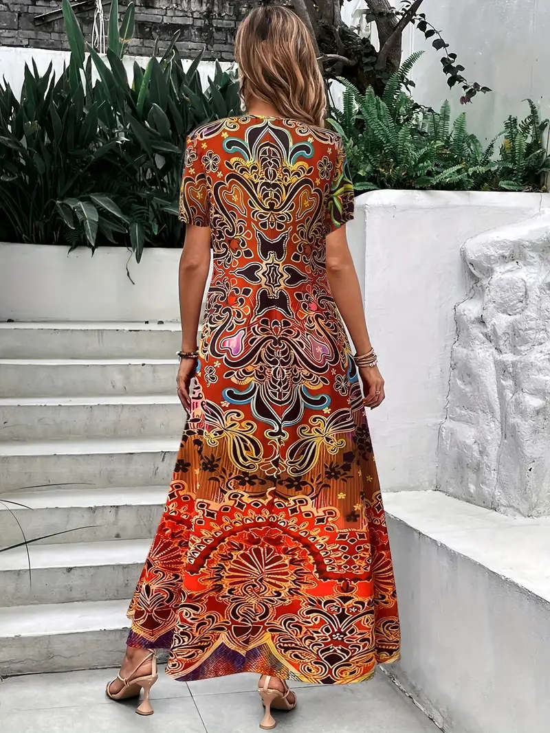 Boho V Neck Short Sleeve Dress, Women Clothing