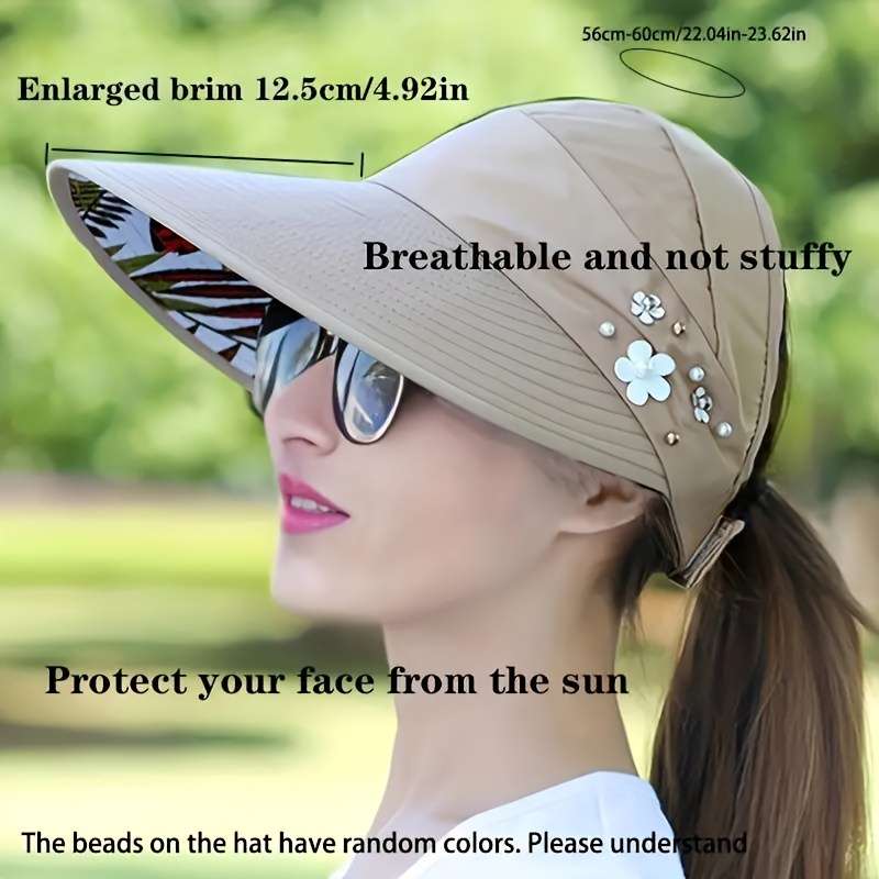 Trendy Beaded Flower Visor Hats Solid Color Foldable Uv Protection For Women Outdoor Summe