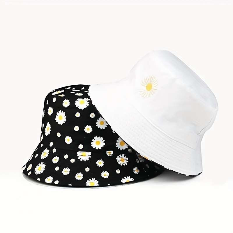 1pc Daisy Graphic Reversible Bucket Hat Black Trendy Breathable Basin Hats Lightweight Sunscreen Fi