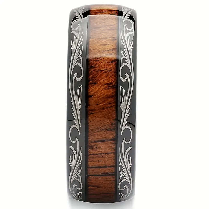 8mm Black and Wood Grain Stainless Steel Ring