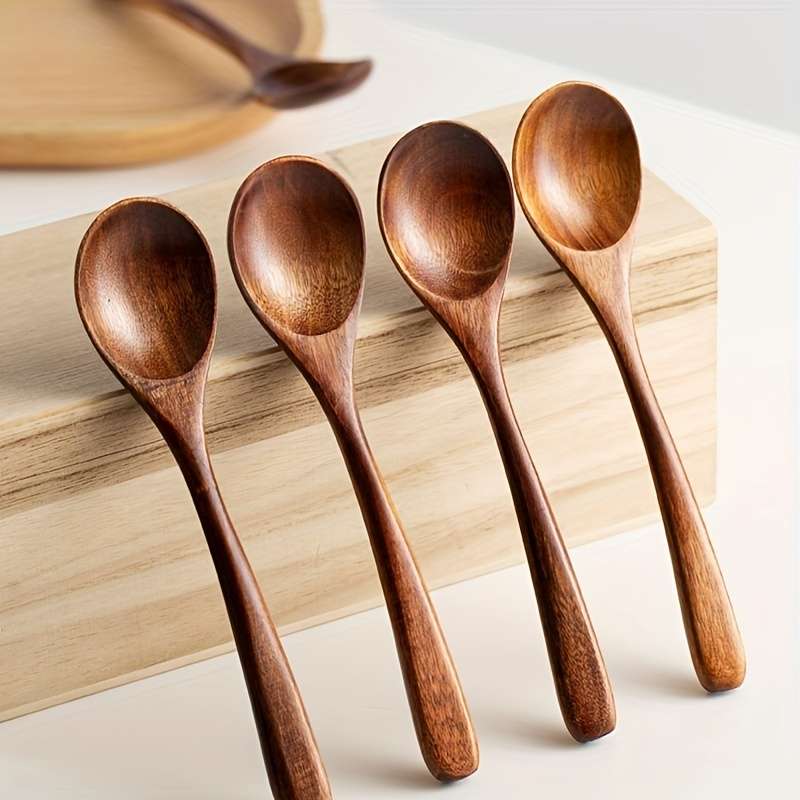 4pcs Soup Spoon Wooden Coffee Spoon Natural Milk Spoon Modern Stirring Spoon Reusable Soup