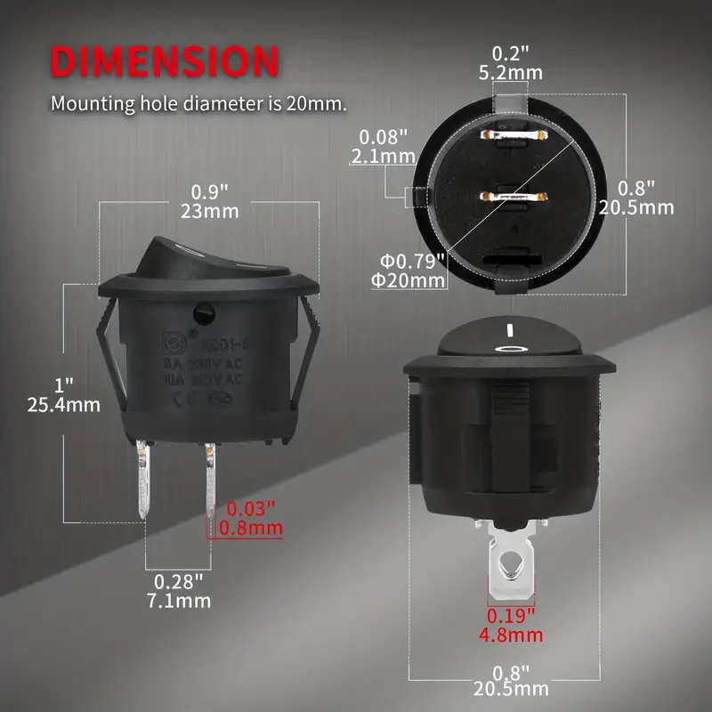 5Pcs Black Round 2 Pin Rocker Switches