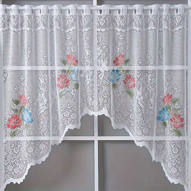 1pc Elegant White Lace Kitchen Curtain with Vibrant Red Floral Embroidery Semi-Transparent Rod Pocke