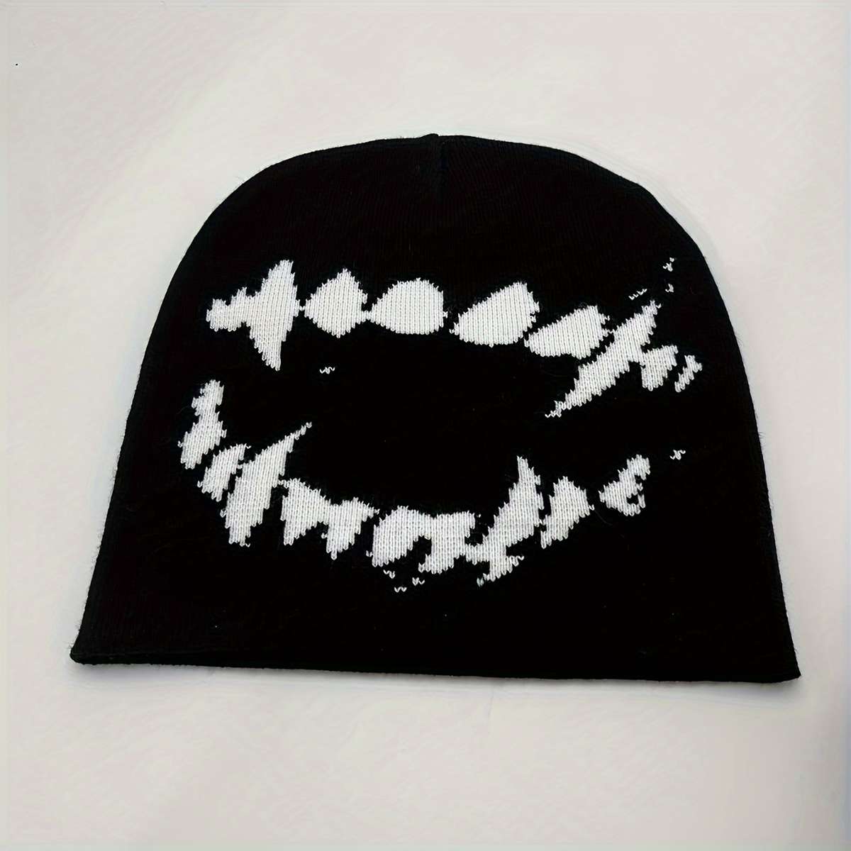 1pc Tooth Graphic Y2K Beanie Black White Elastic Knit Hats Hip Hop Skull Cap Unisex Warm Beanies