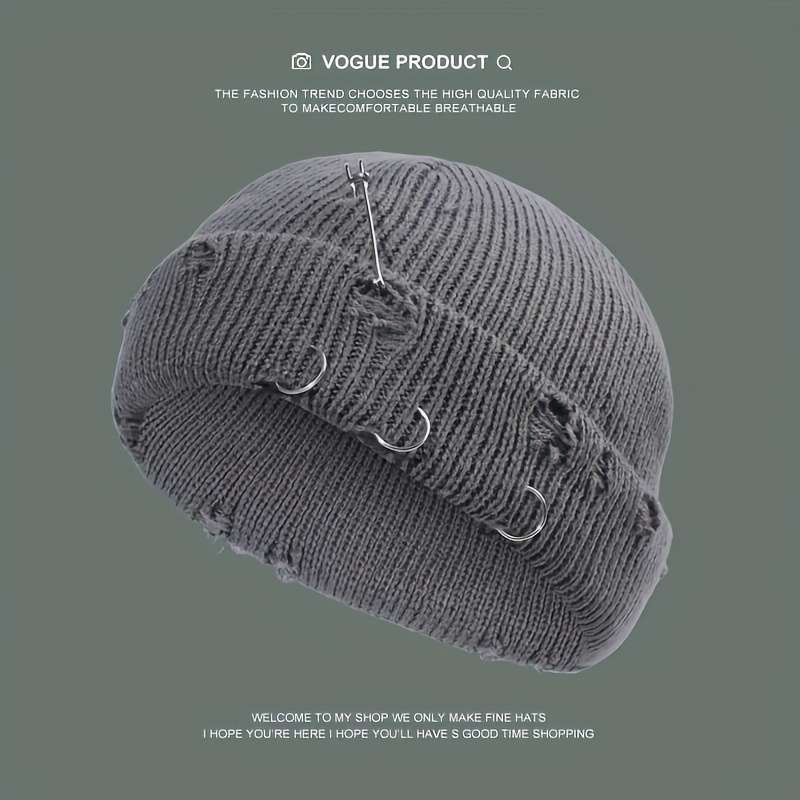 Warm Cuffed Beanie Fisherman Hats Unisex Hip Hop Fisherman Beanie Trendy Ripped Pin Brooch Kn