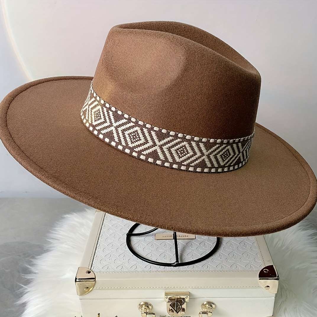 Adjustable Flat Brim Fedora Hat With Geometric Pattern Band Chic Beige Fleece-Blend Ideal Fo