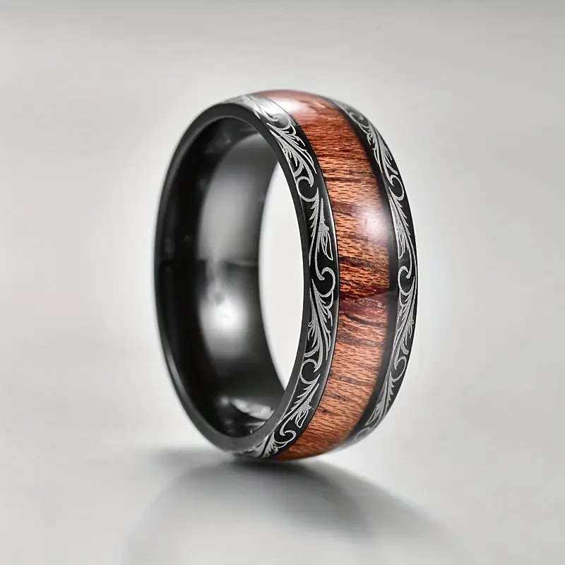 8mm Black and Wood Grain Stainless Steel Ring