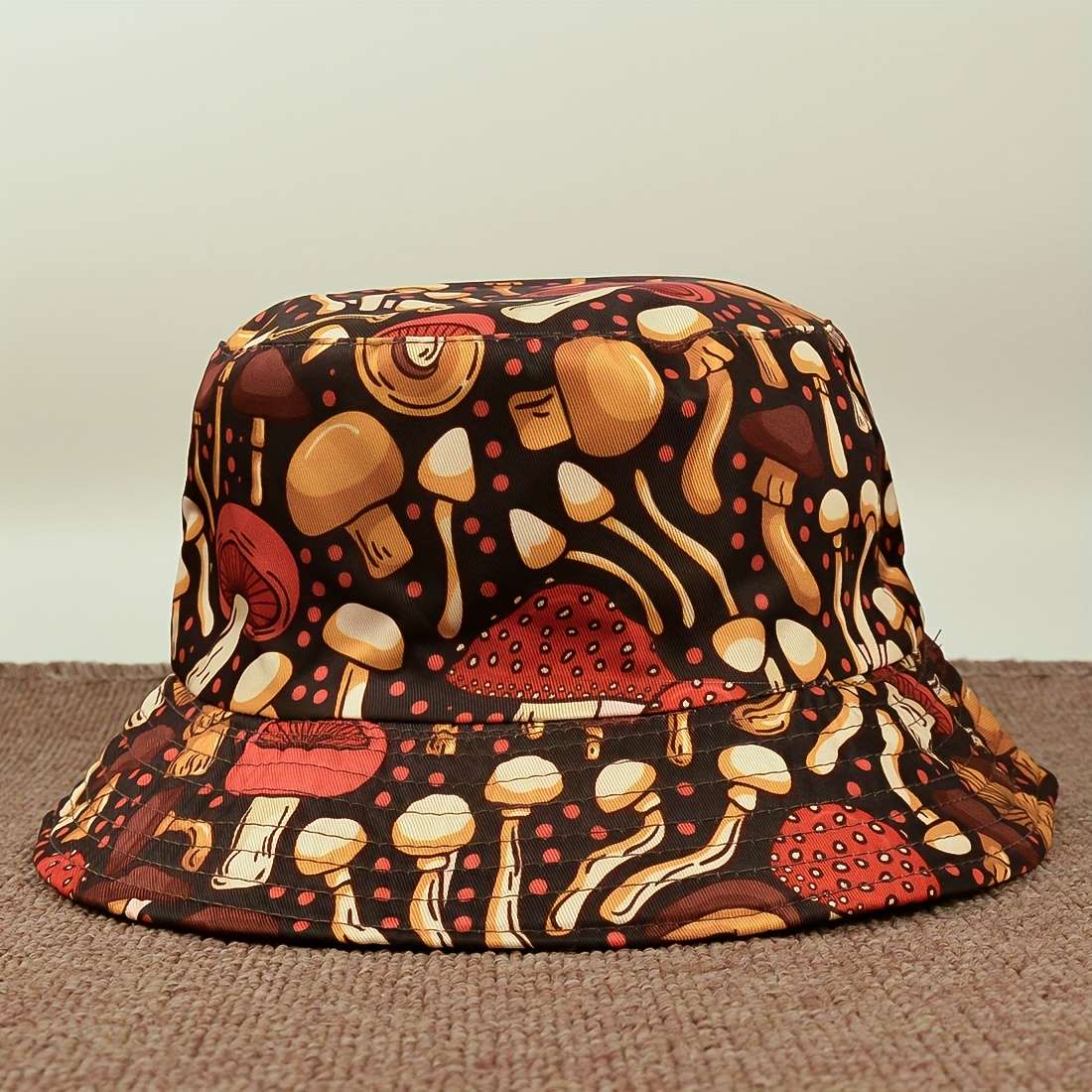 Mushroom Print Bucket Hat Lightweight Breathable Polyester Fisherman Cap