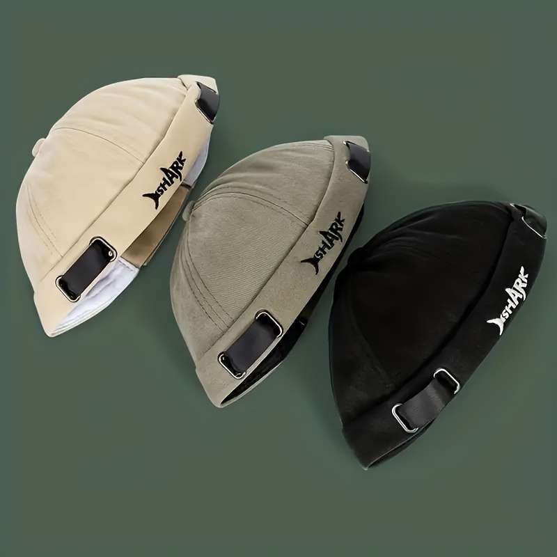 SHARK Embroidered Docker Cap Adjustable Washable Summer Hat in Black Beige Dark Blue with