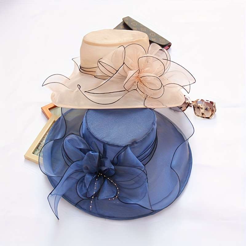 1pc Wide Brim Organza Sun Hat Elegant Mesh Breathable Derby Church Hat Flower Decor Foldable Travel