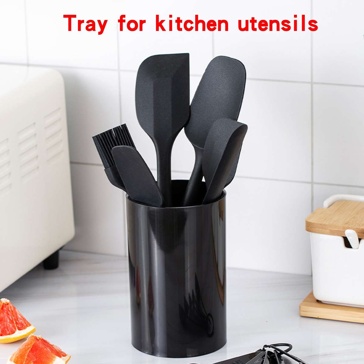 Kitchen Utensil Organizer Red and Black Polypropylene Storage Cylinder for Dishware Spoons