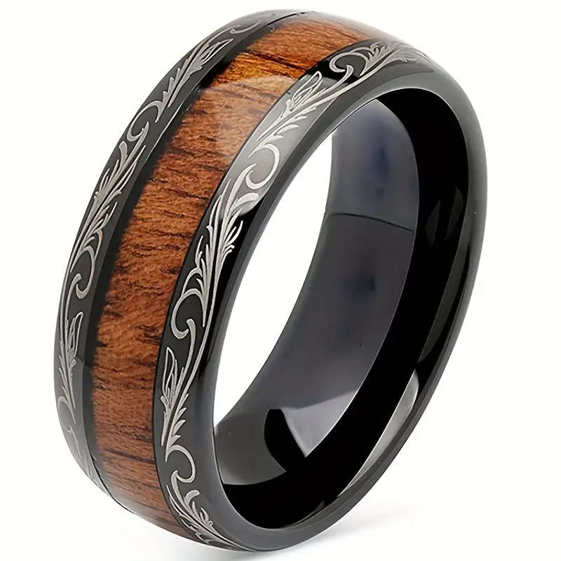 8mm Black and Wood Grain Stainless Steel Ring