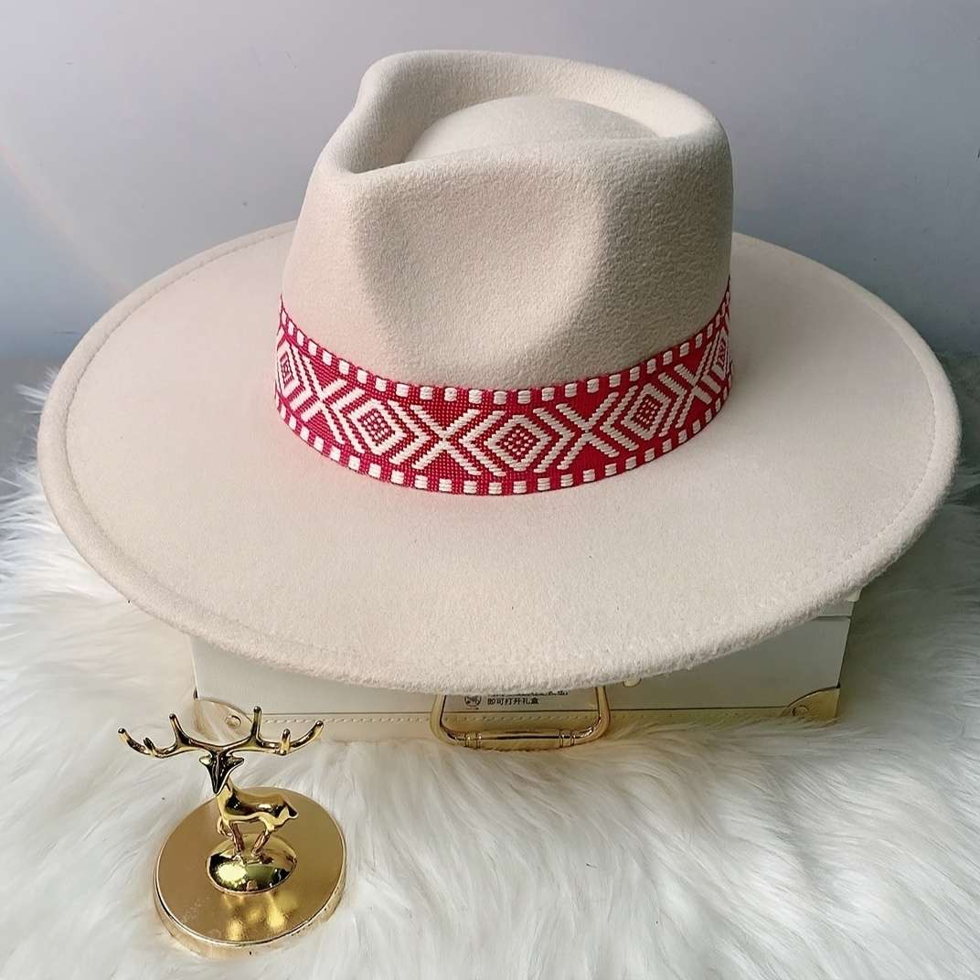 Adjustable Flat Brim Fedora Hat With Geometric Pattern Band Chic Beige Fleece-Blend Ideal Fo