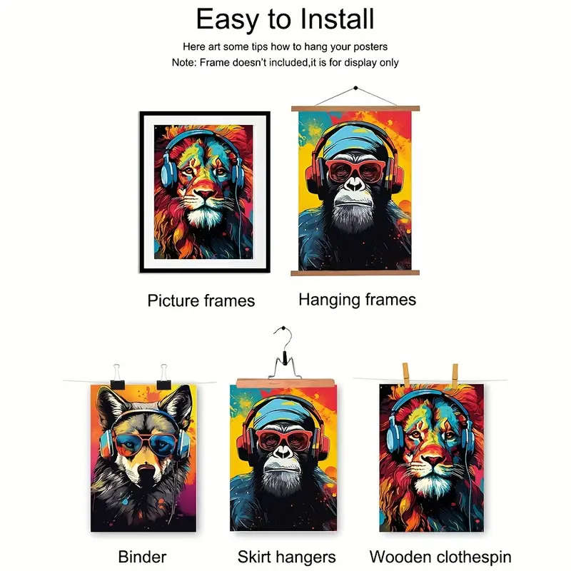 3 Piece Canvas Poster, Modern Art, Earphone Animal Tiger Wolf Chimpanzees Gaming Funky Painting