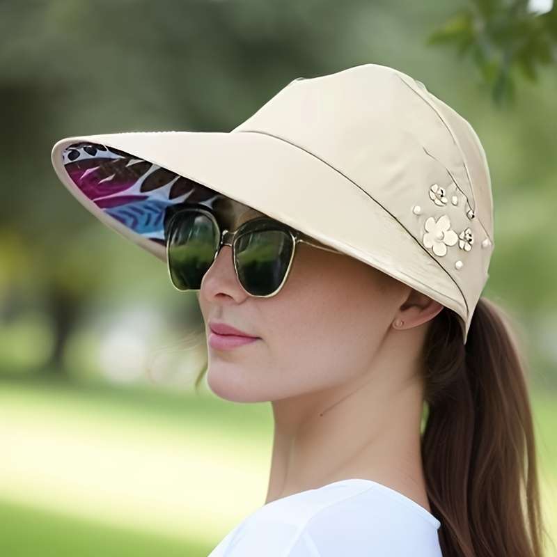 Trendy Beaded Flower Visor Hats Solid Color Foldable Uv Protection For Women Outdoor Summe