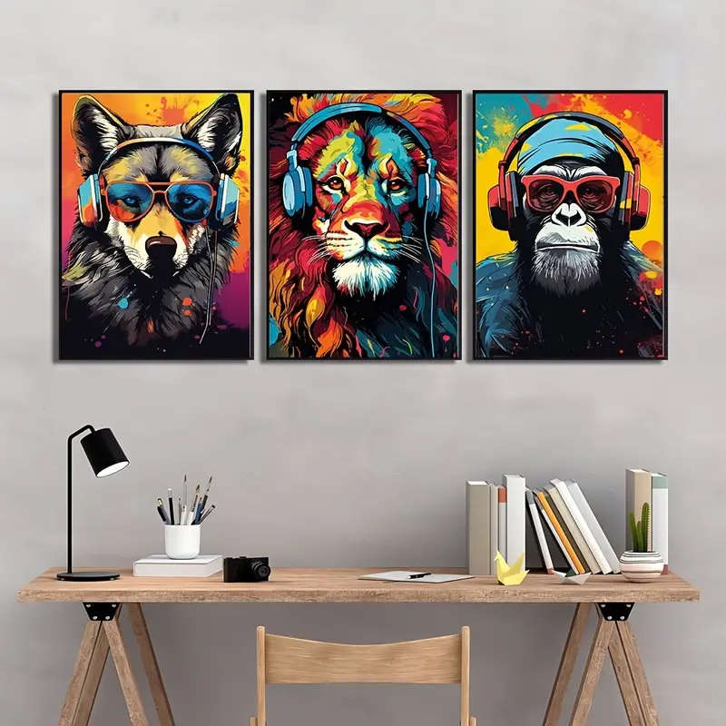 3 Piece Canvas Poster, Modern Art, Earphone Animal Tiger Wolf Chimpanzees Gaming Funky Painting