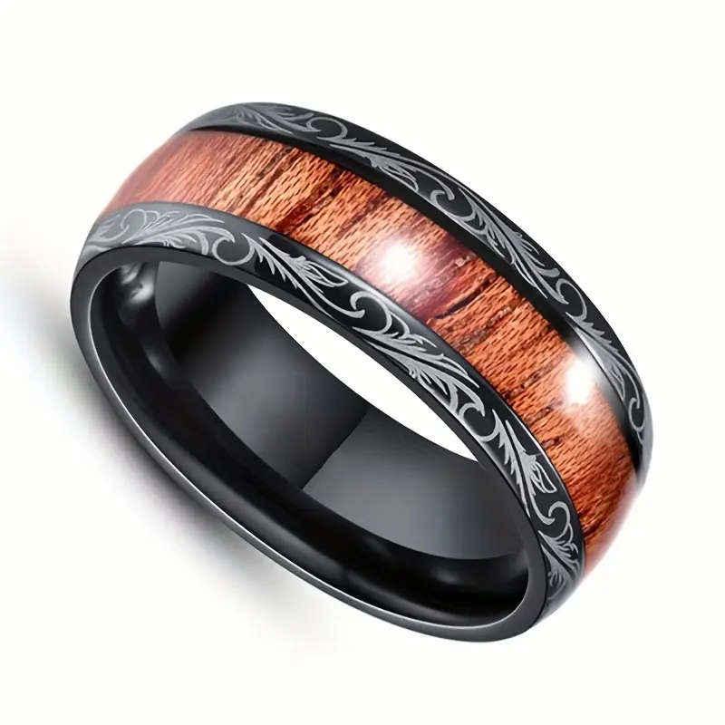 8mm Black and Wood Grain Stainless Steel Ring