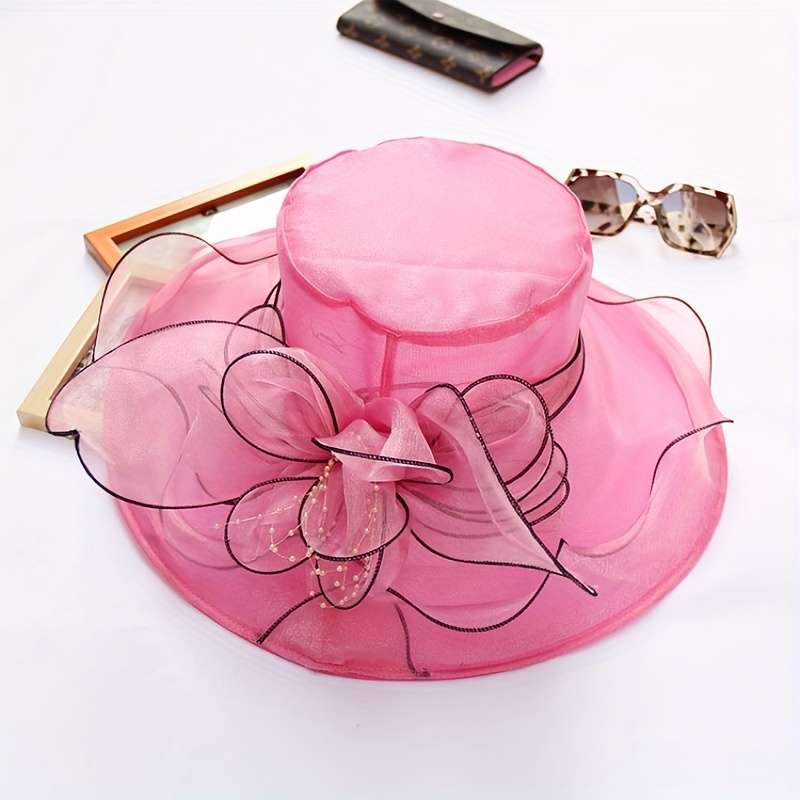 1pc Wide Brim Organza Sun Hat Elegant Mesh Breathable Derby Church Hat Flower Decor Foldable Travel