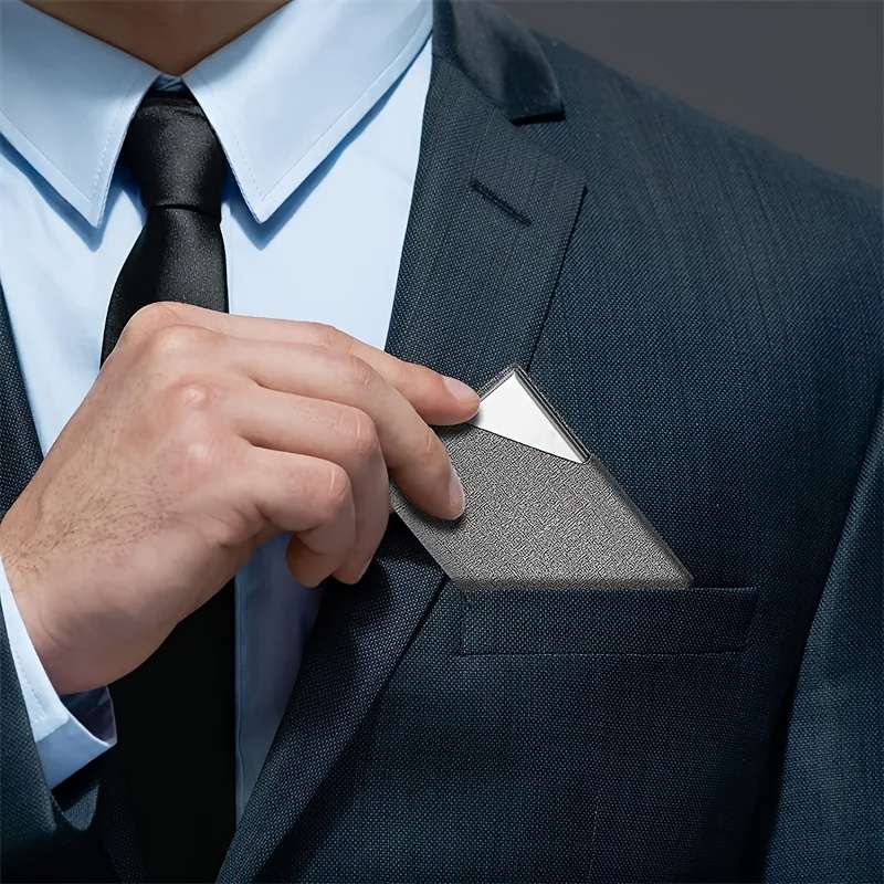 1pc Men's Business Card Holder Stainless Steel PU Leather Card Holder Slim Metal Pocket Card