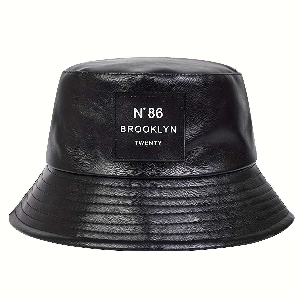 1pc Solid Color Basin PU Leather Hat PU Leather Trendy Bucket Hat Classic Label Patch Solid Color