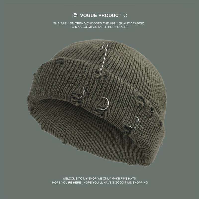 Warm Cuffed Beanie Fisherman Hats Unisex Hip Hop Fisherman Beanie Trendy Ripped Pin Brooch Kn