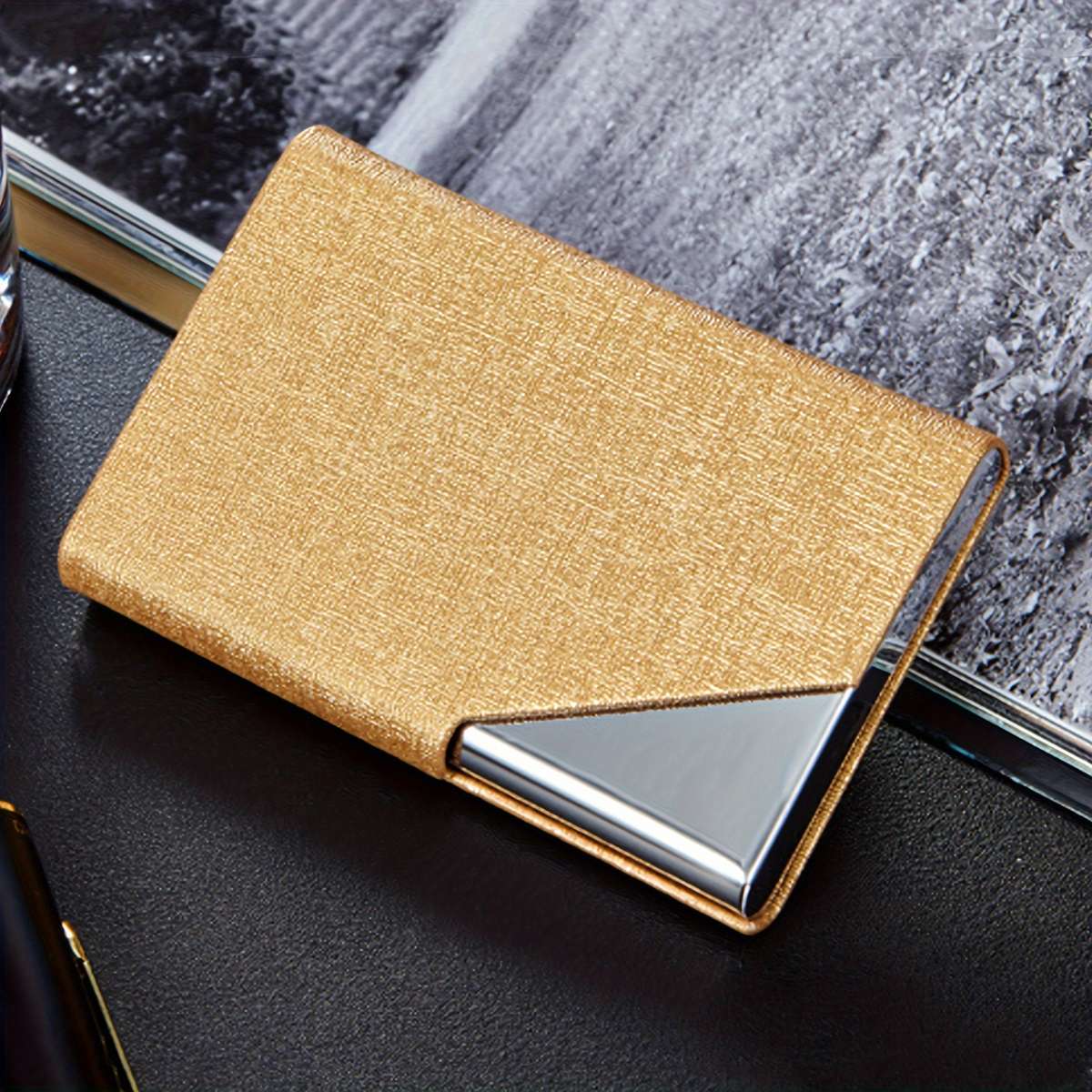 1pc Men's Business Card Holder Stainless Steel PU Leather Card Holder Slim Metal Pocket Card