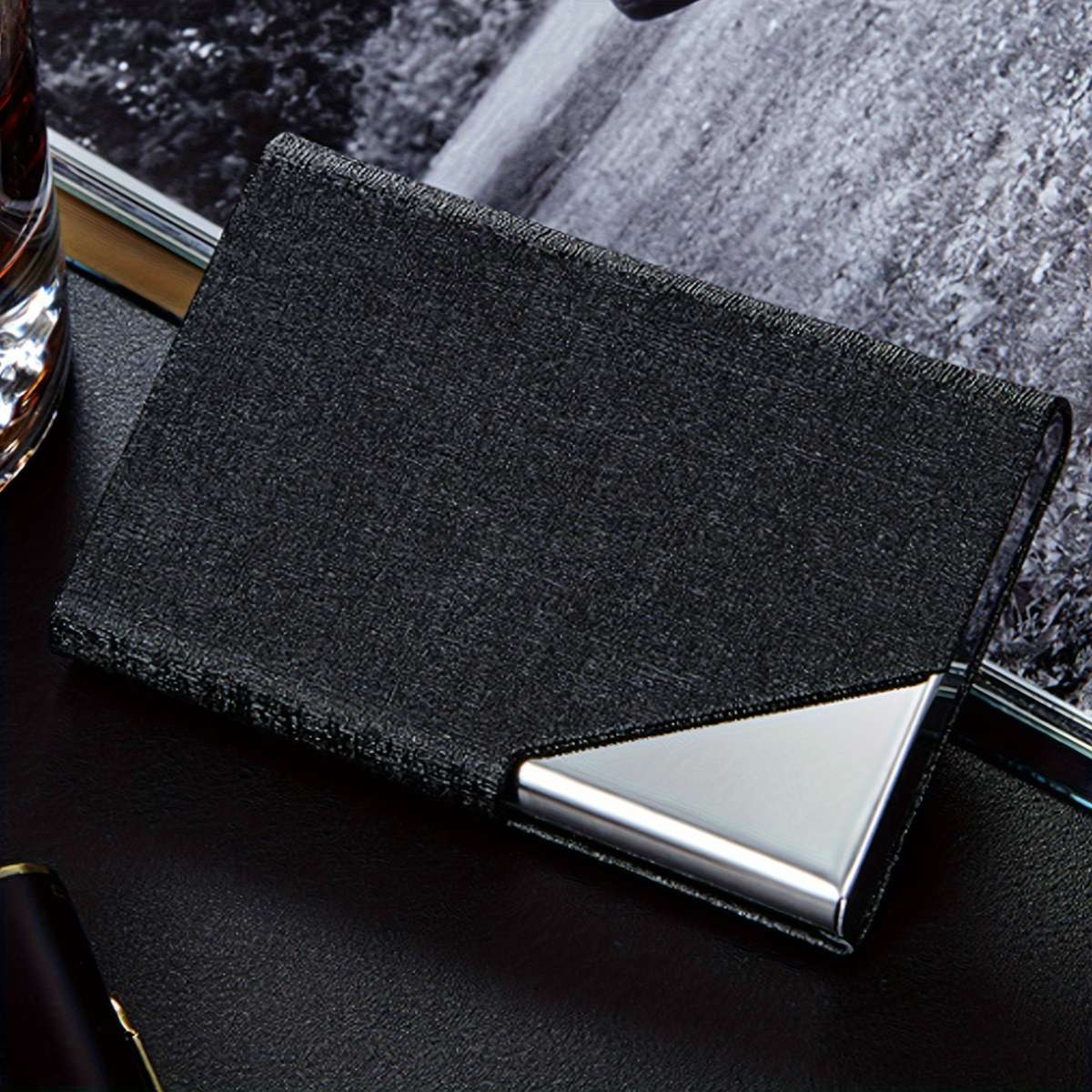 1pc Men's Business Card Holder Stainless Steel PU Leather Card Holder Slim Metal Pocket Card