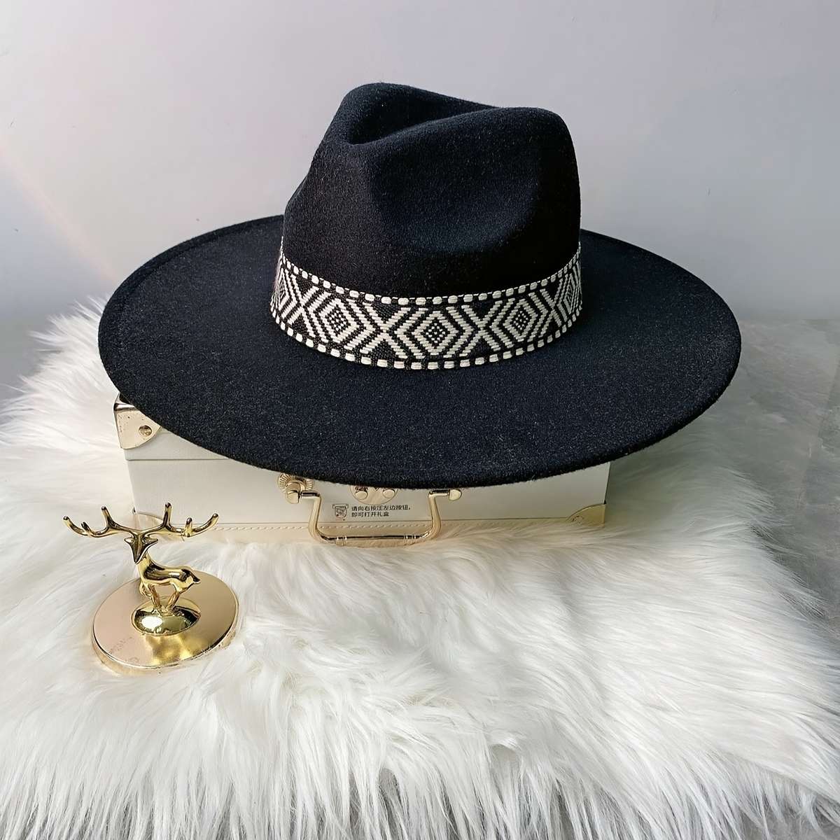 Adjustable Flat Brim Fedora Hat With Geometric Pattern Band Chic Beige Fleece-Blend Ideal Fo