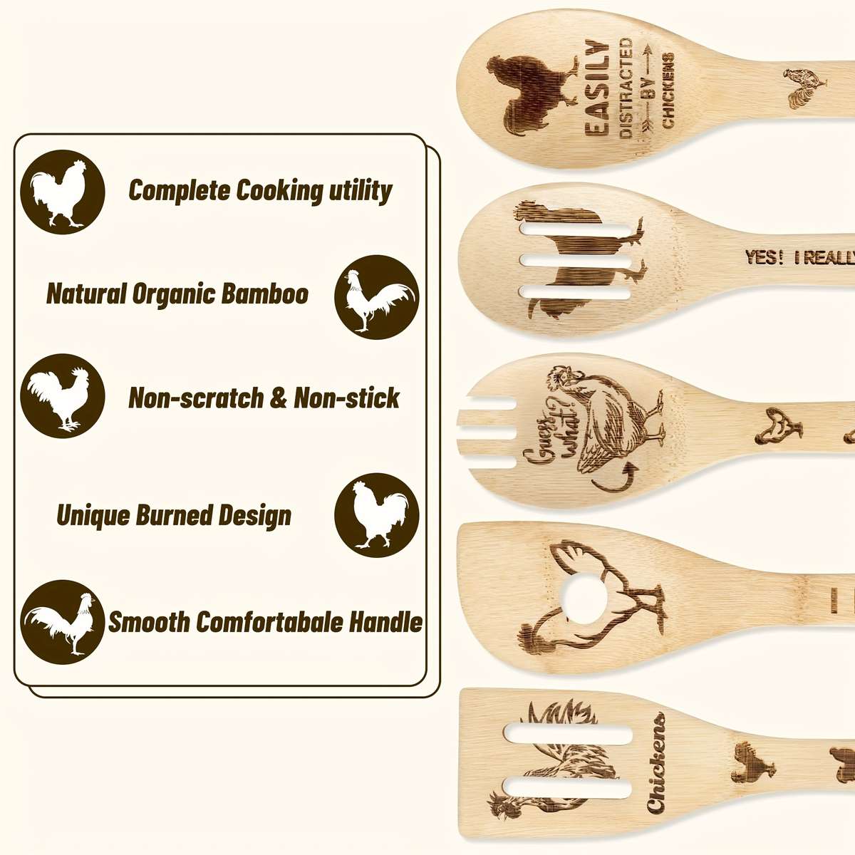 5pcs set Rooster Chicken Bamboo Kitchen Utensils Set Kitchen Burned Decorative Wooden Cooking