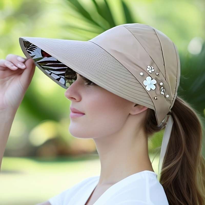 Trendy Beaded Flower Visor Hats Solid Color Foldable Uv Protection For Women Outdoor Summe