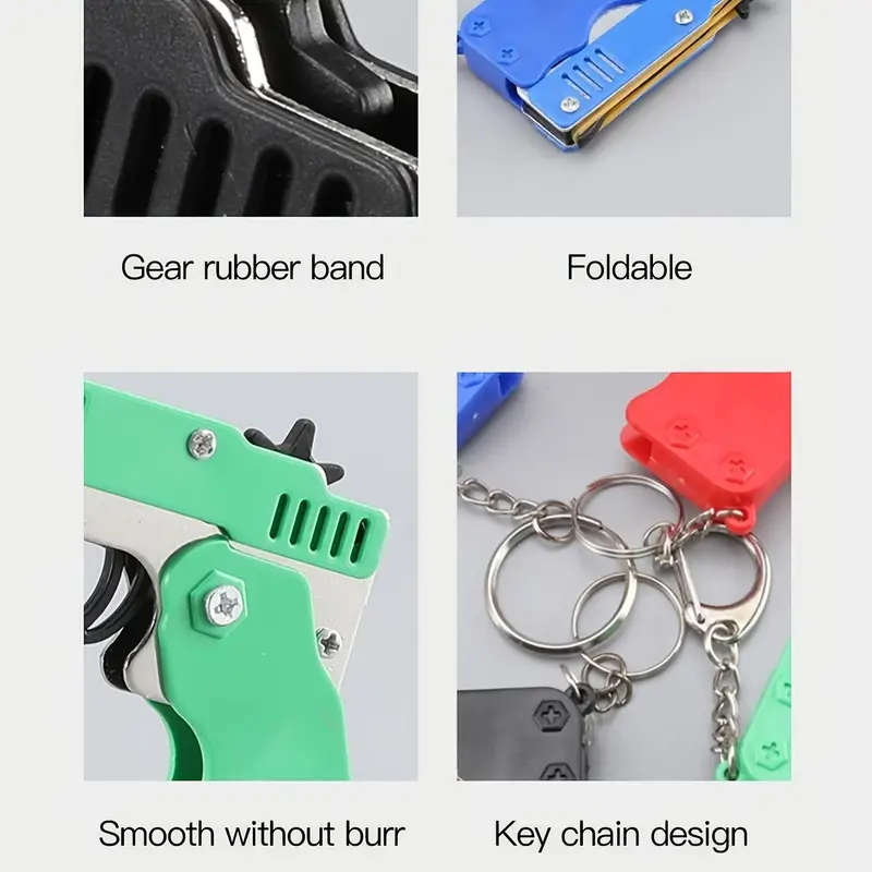 Rubber Band Gun Toy Mini Metal Folding Rubber Gun Rubber Launcher Toy With Keychain And Rubber Bands