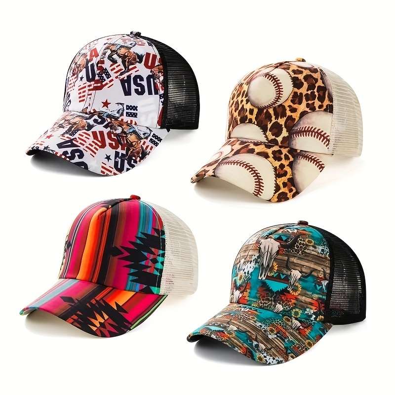 Stylish Bull Head Floral Print Baseball Cap with Ponytail Hole Breathable Mesh Back Adjust