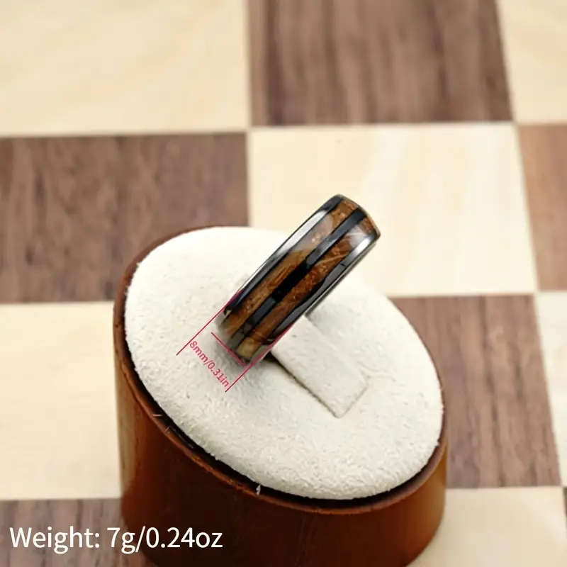 Barrel Inspired Gunmetal Stainless Steel Ring with Wood Grain Inlay