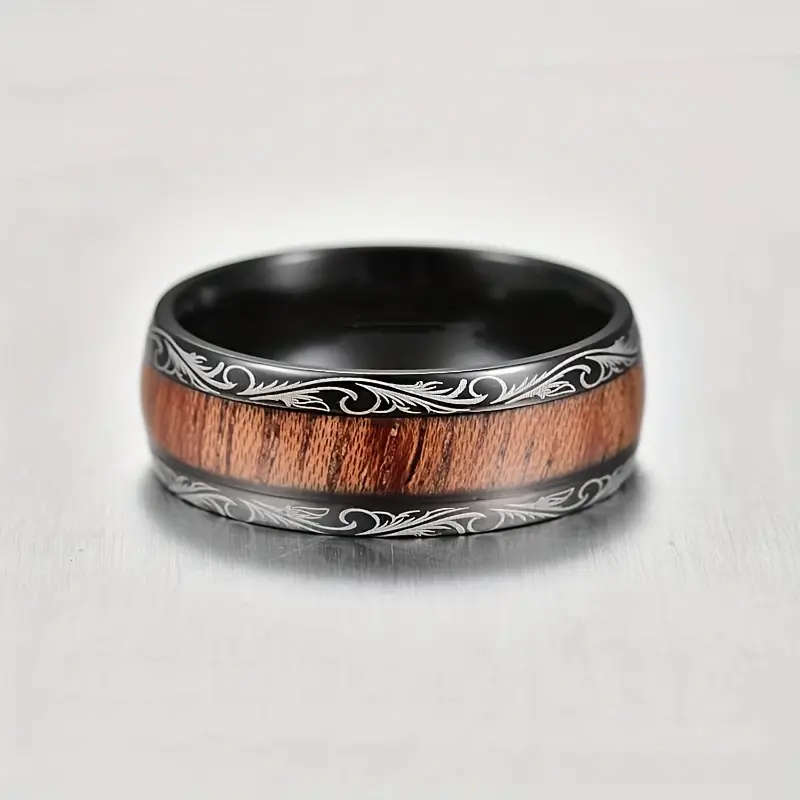 8mm Black and Wood Grain Stainless Steel Ring