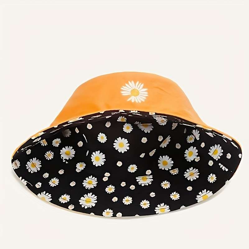 1pc Daisy Graphic Reversible Bucket Hat Black Trendy Breathable Basin Hats Lightweight Sunscreen Fi