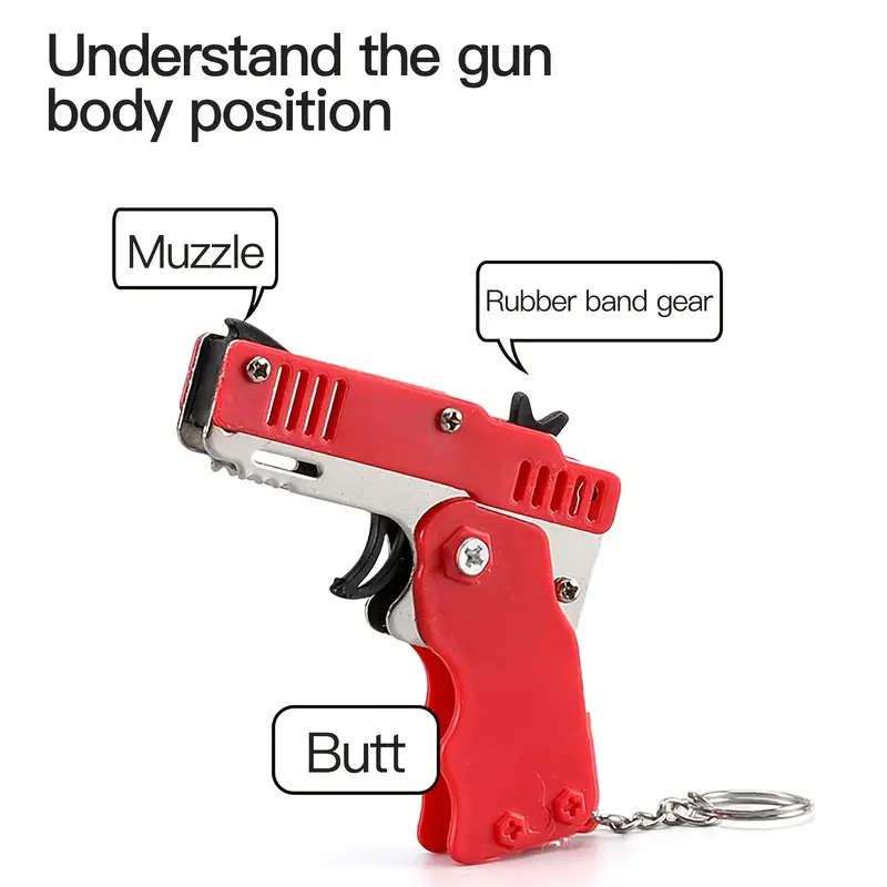 Rubber Band Gun Toy Mini Metal Folding Rubber Gun Rubber Launcher Toy With Keychain And Rubber Bands
