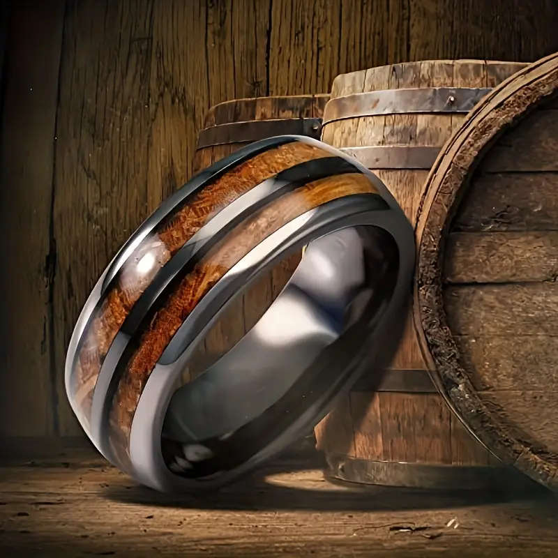 Barrel Inspired Gunmetal Stainless Steel Ring with Wood Grain Inlay