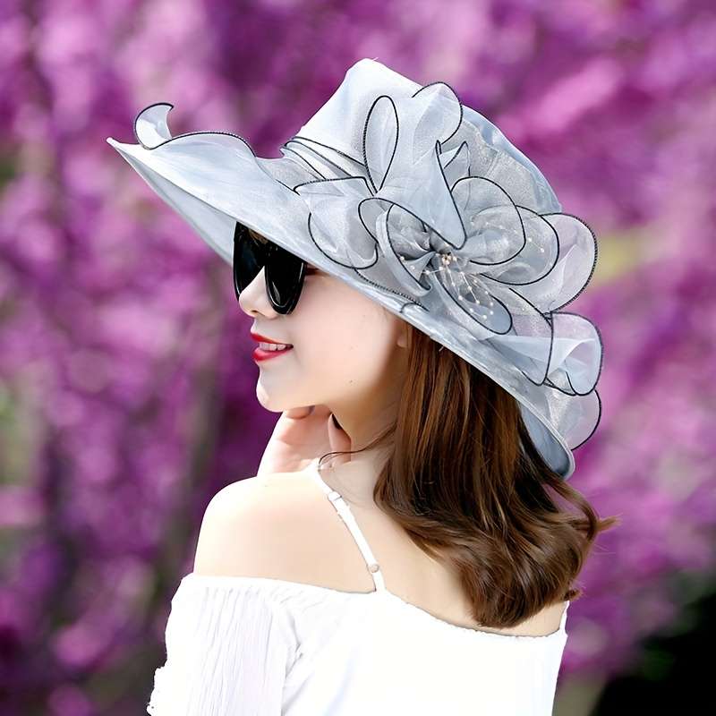 1pc Wide Brim Organza Sun Hat Elegant Mesh Breathable Derby Church Hat Flower Decor Foldable Travel