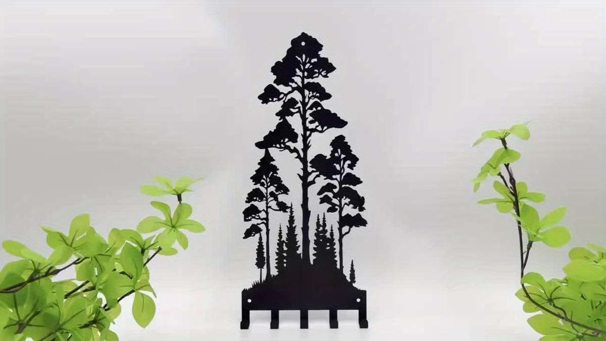 12-Inch Metal Wall-Mounted Key Organizer with 5 HooksBlack Forest Silhouette Design Easy to Ins