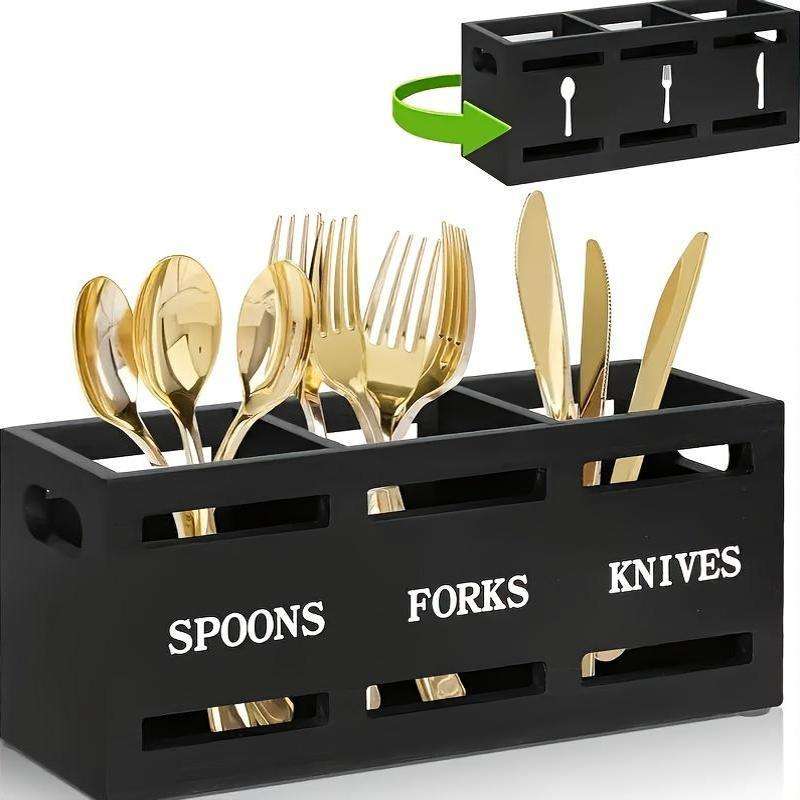 1pc Classic Wooden Kitchen Utensil Rack with Solid Iron Handle 3-Compartment Storage Basket for S