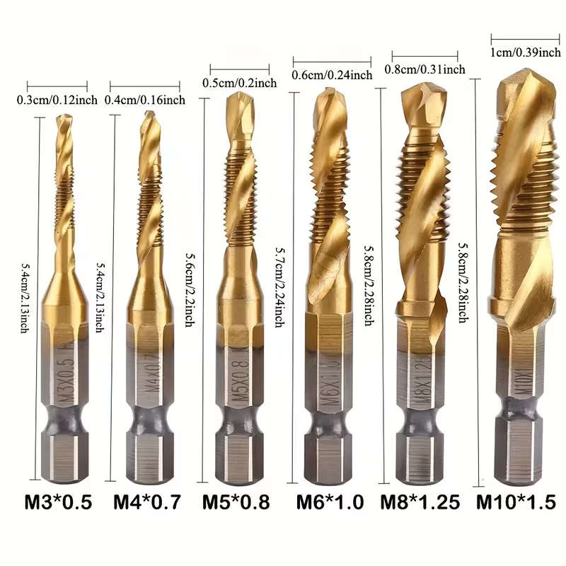 6pcs Titanium Coated HSS Drill Bit Set - Metric Thread M3-M10